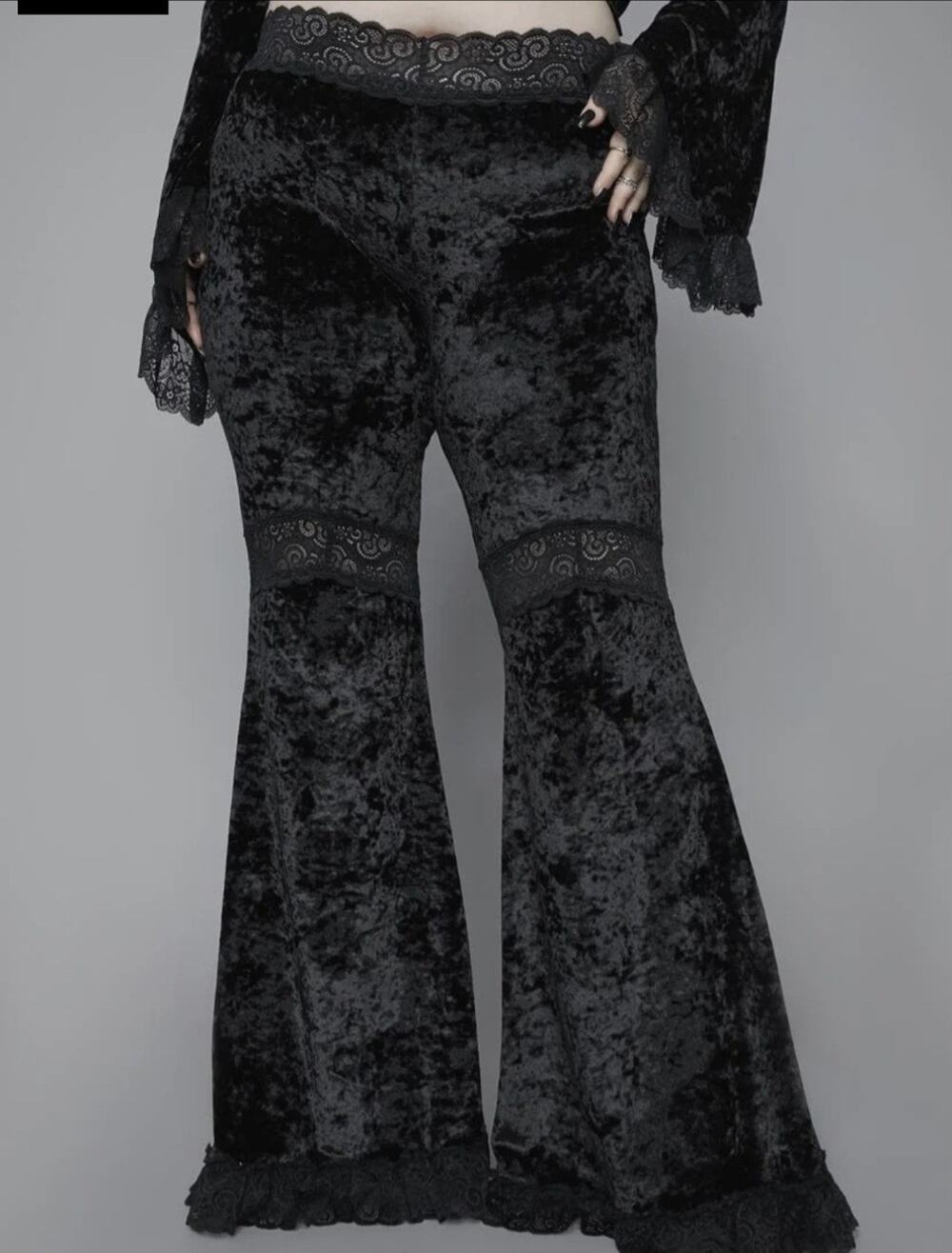 Dolls Kills Widow Black Crushed Velvet Flare Lace Pant Size 2XL Gothic Elegance